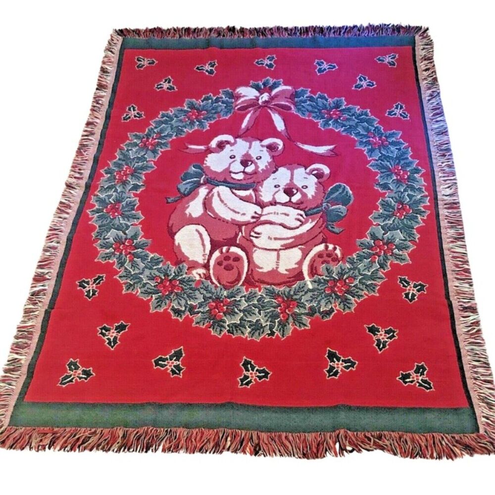 Fieldcrest Christmas Bears Woven Tapestry Throw Blanket VTG Holiday Grandma-core